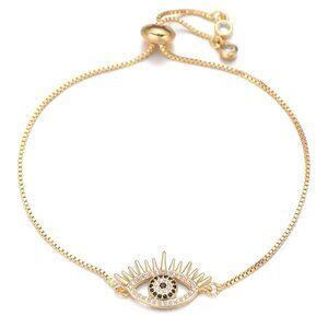 Evil Eye Yellow Gold & Black Pave Cubic Zirconia Thin Adjustable Bracelet